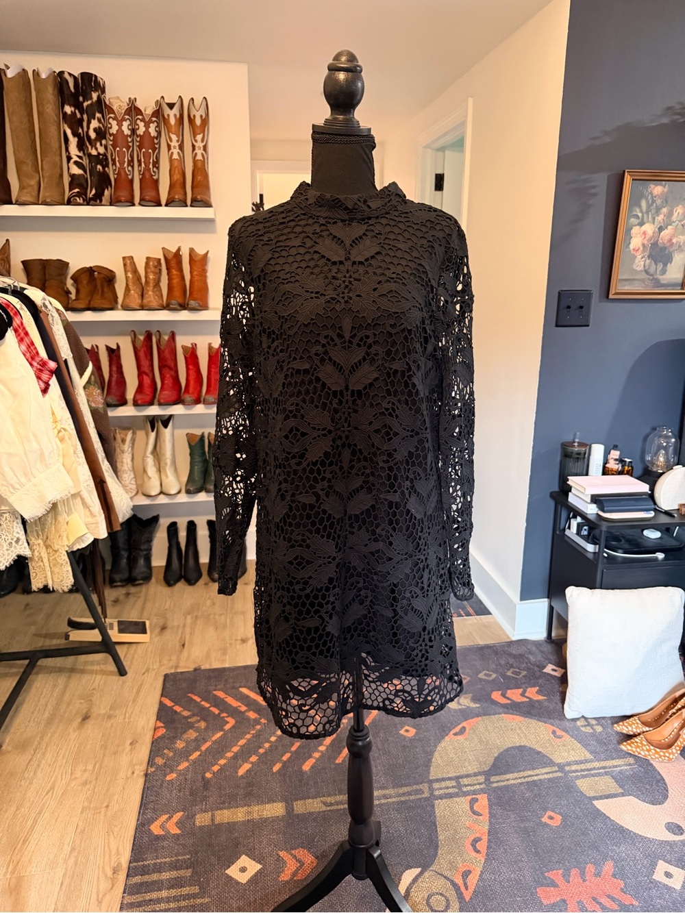 Stevie May Black Crochet Lace Long Sleeve Mini Dress